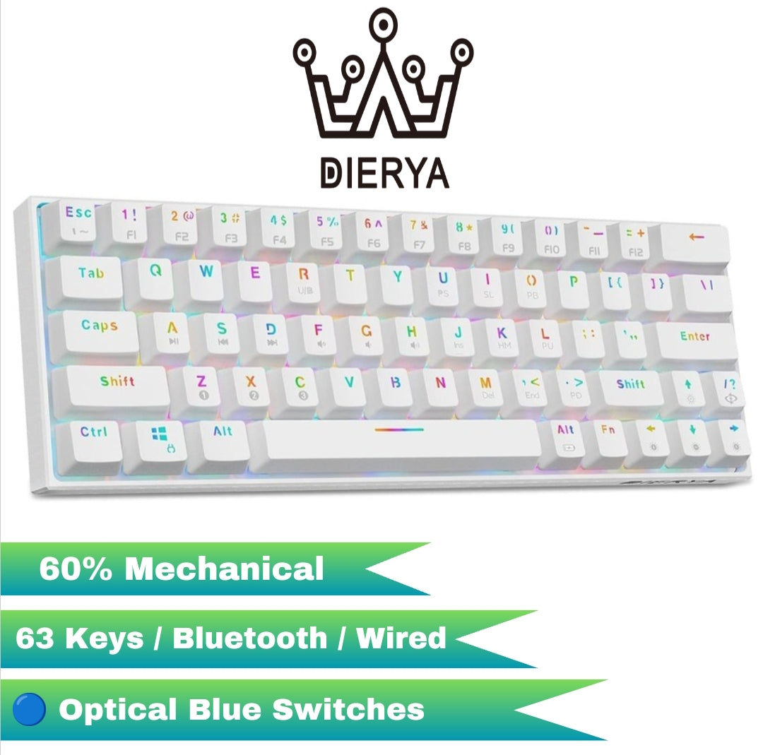 DIERYA DK63 Gaming 60% Mechanical Keyboard, Gamer Wireless, 63 Keys with Arrow Keys, Bluetooth/Wired, 1900 mAh Battery, US Layout for PC Windows/Mac, White (Optical Blue Switch)